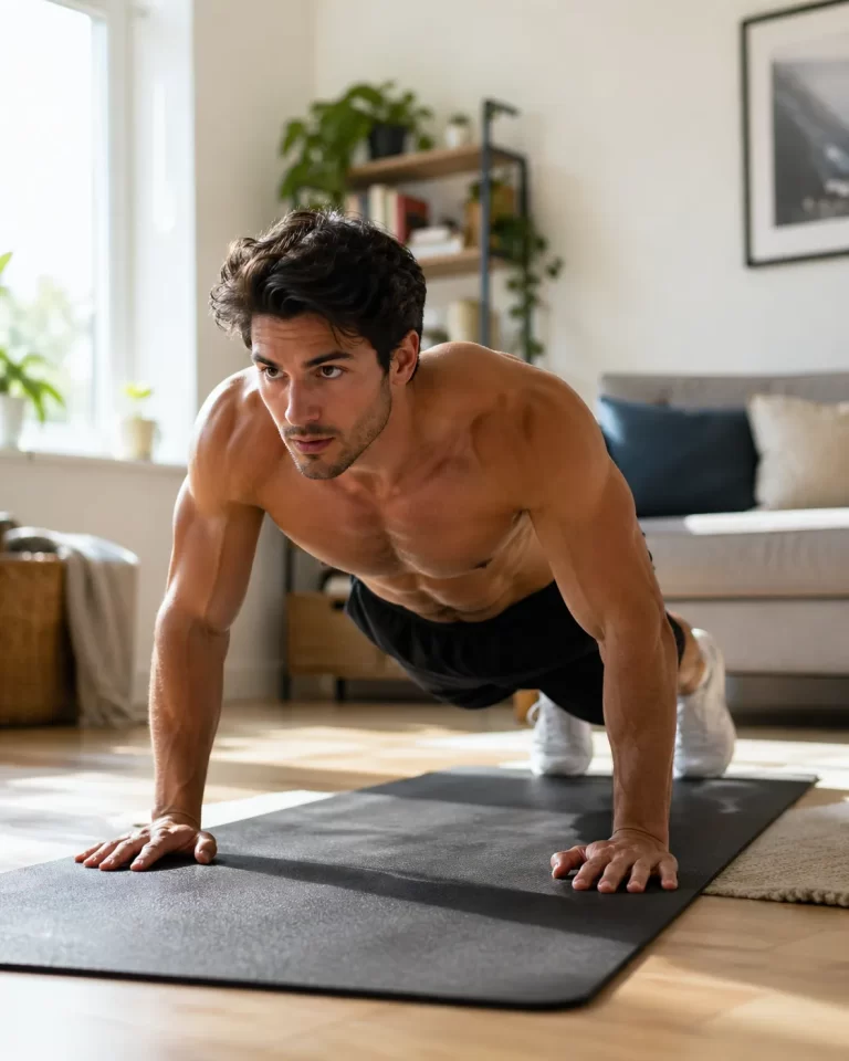 Man doet push-ups op een mat in een lichte woonkamer, zonder sportschool.