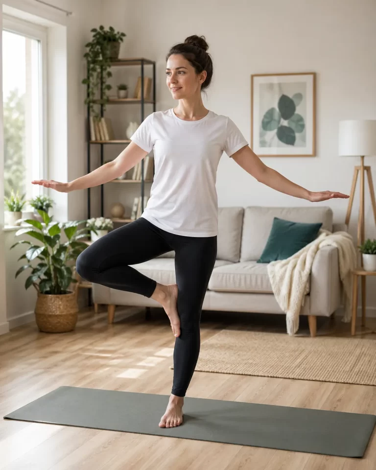 Een rustige balansoefening in de woonkamer om stabiliteit en lichaamscontrole te verbeteren.
