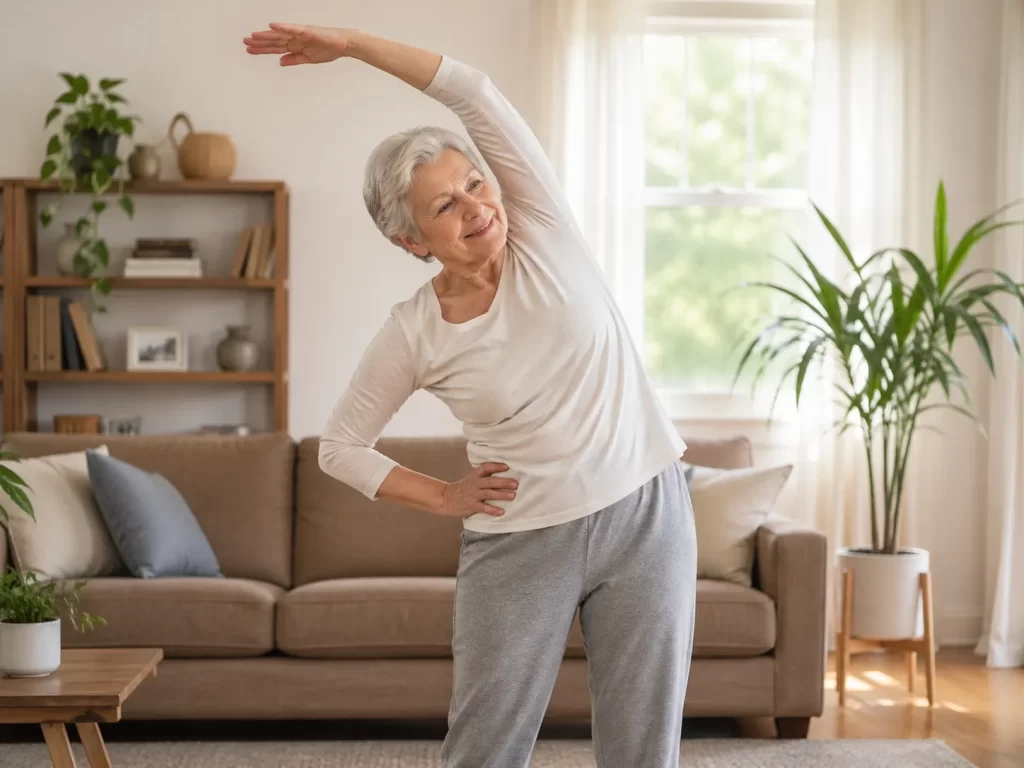 Een oudere vrouw doet rustige rekoefeningen in een lichte woonkamer.
