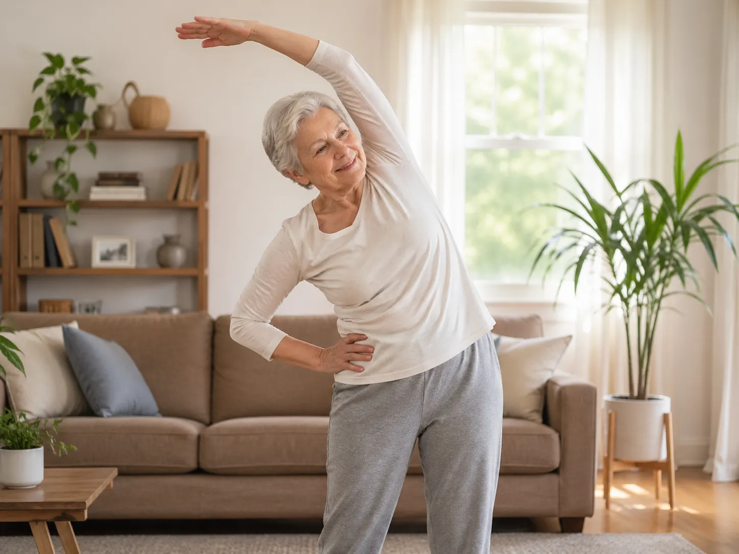 Een oudere vrouw doet rustige rekoefeningen in een lichte woonkamer.