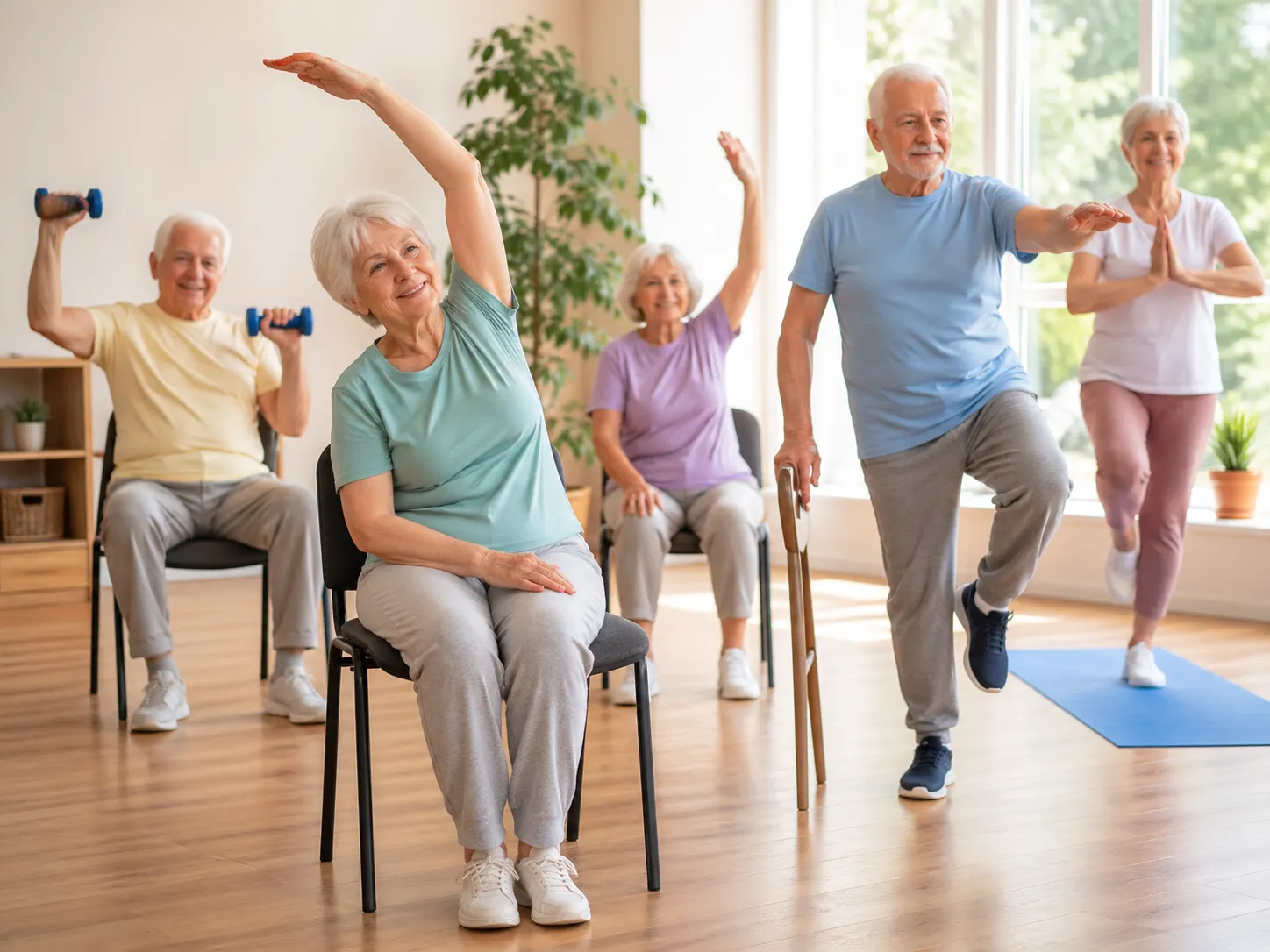 Ouderen doen samen rustige rek- en balansoefeningen in een lichte ruimte.