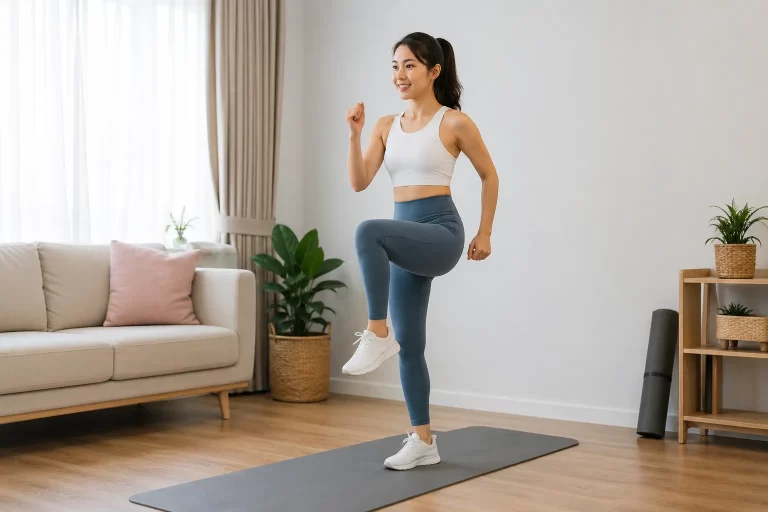 Vrouw doet een rustige fitnessoefening op een yogamat in een lichte woonkamer.