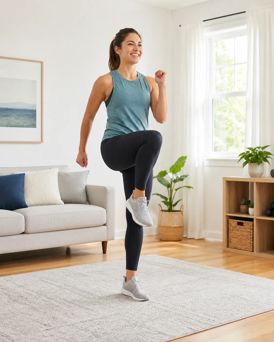 Een rustige low-impact cardio-oefening in de woonkamer, ideaal voor thuis trainen zonder sprongen.