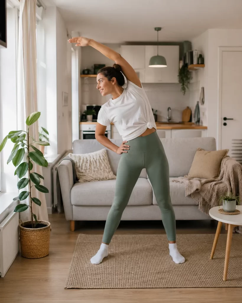 Een vrouw doet een lichte stretch in een gezellig klein appartement met veel natuurlijk licht.