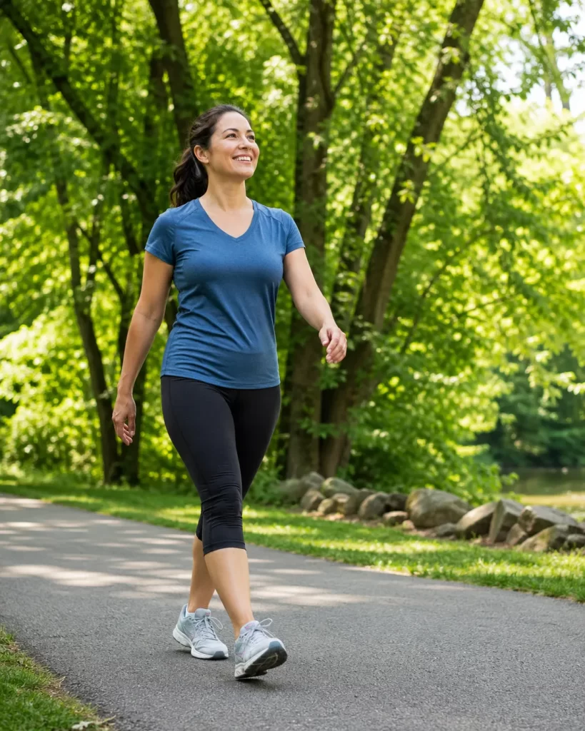 Een vrouw maakt een ontspannen wandeling door een groen park op een zonnige dag.