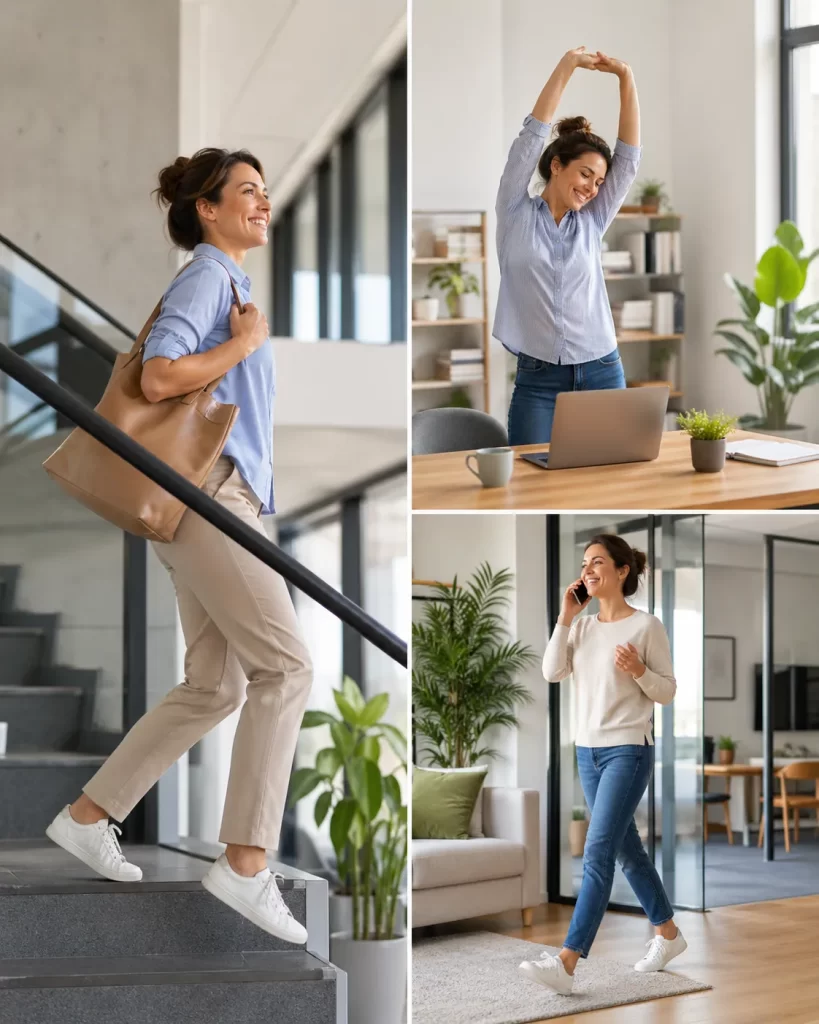 Kleine dagelijkse bewegingen, zoals traplopen, wandelen en stretchen, helpen je actief te blijven zonder te sporten.