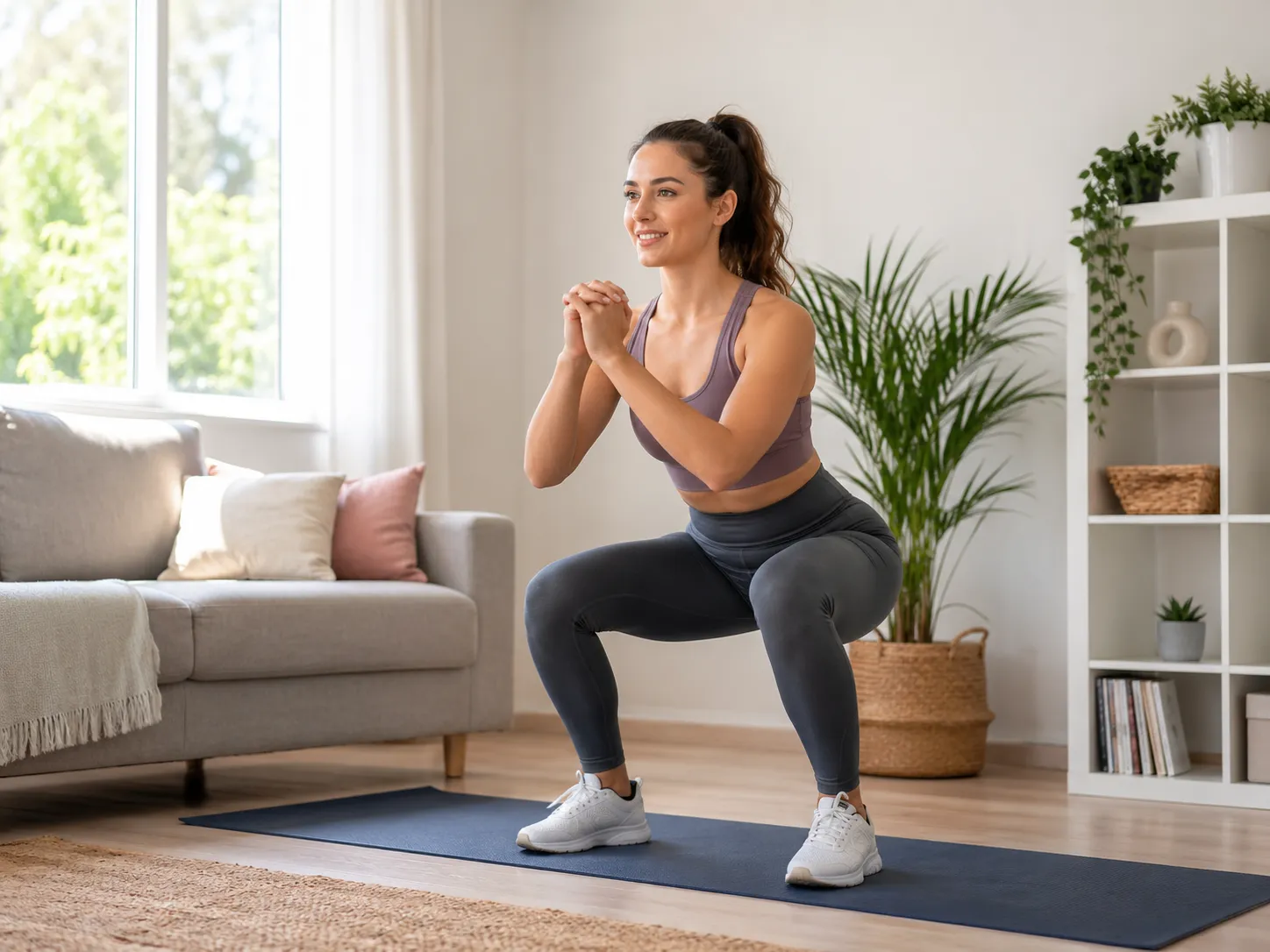Beginner doet eenvoudige oefeningen thuis in een lichte woonkamer.