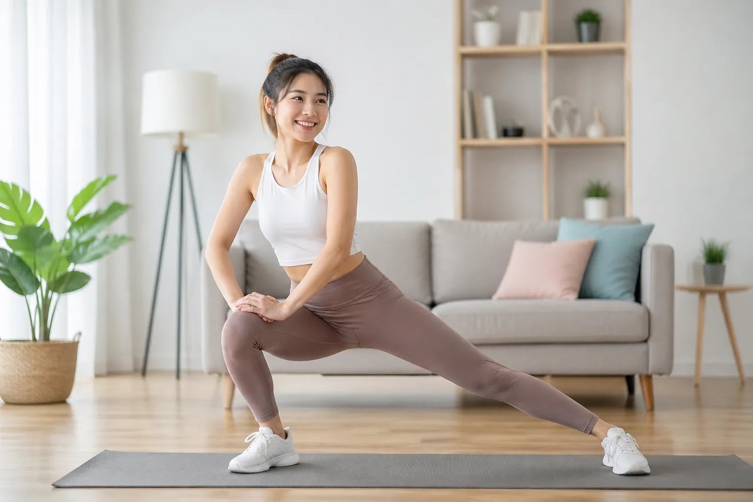 Een rustige thuisscène met eenvoudige beweging en gezonde energie.