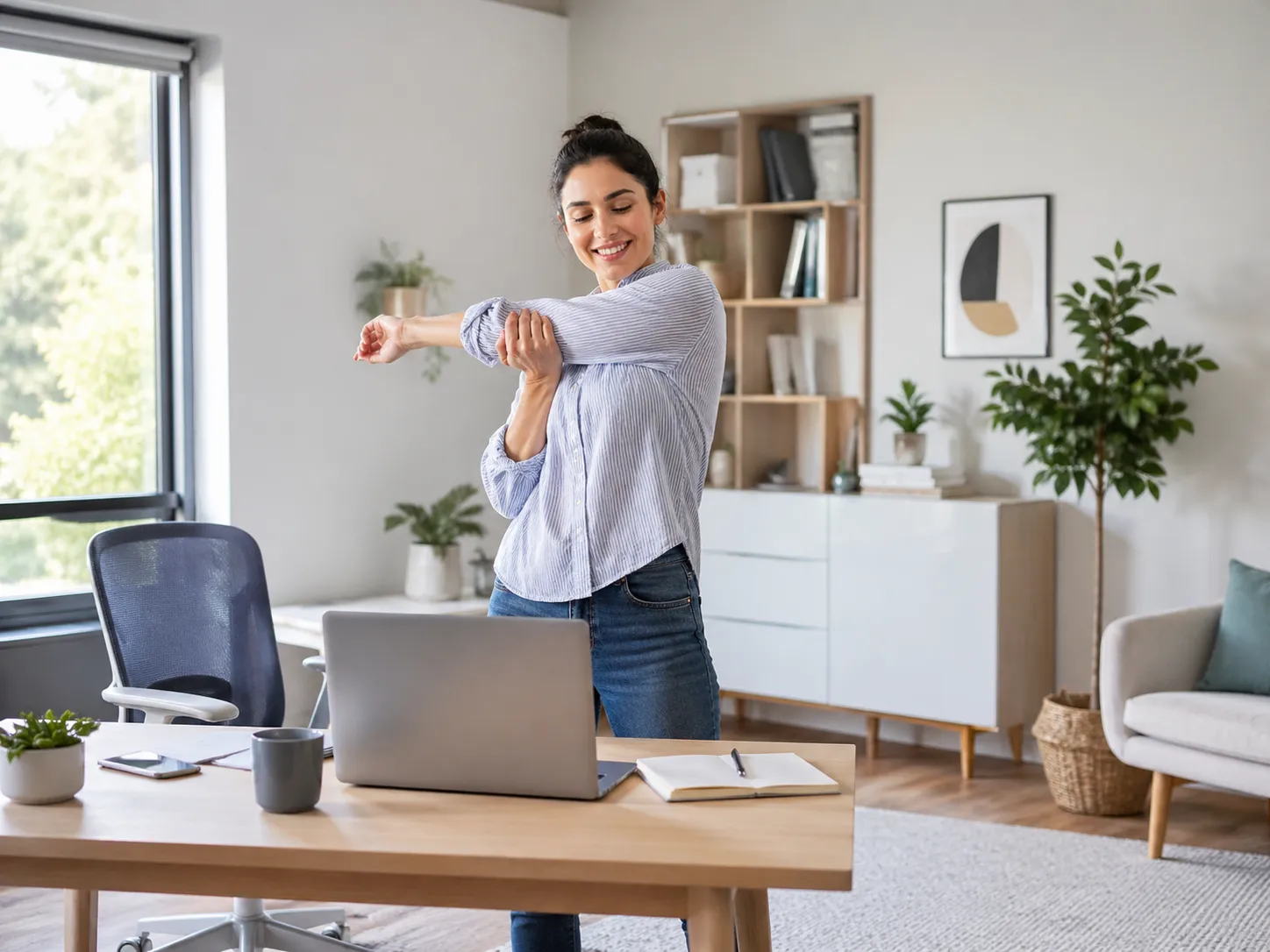 Een ontspannen thuiswerker neemt een korte stretchpauze naast haar bureau.