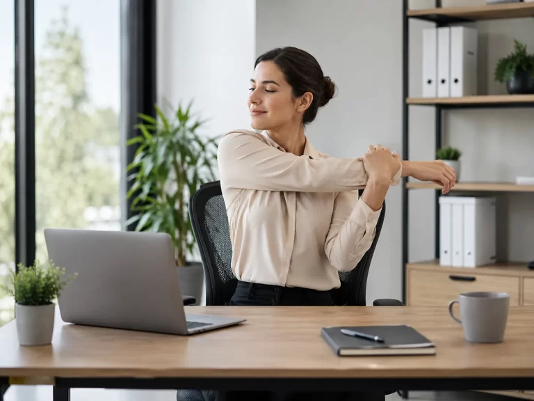 Een korte schouderstretch tijdens een werkpauze achter het bureau.