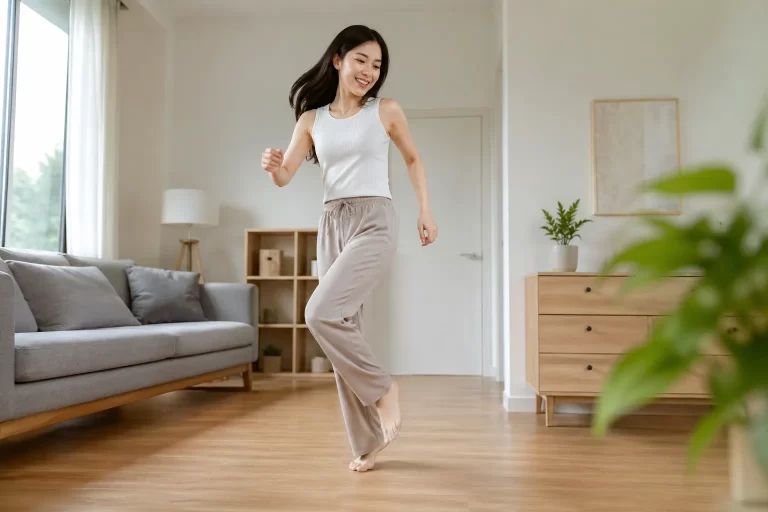 Een vrolijk moment van beweging in een lichte, moderne woonkamer.