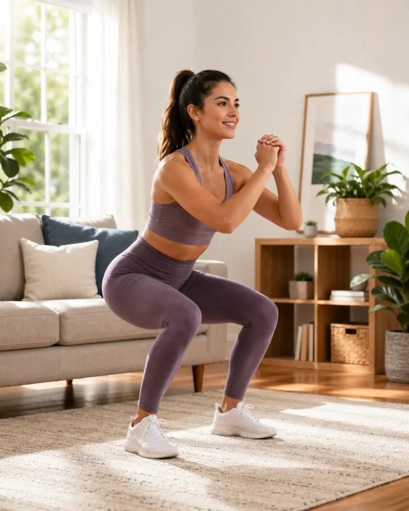 Een eenvoudige home workout met lichaamsgewicht in een lichte, gezellige woonkamer.