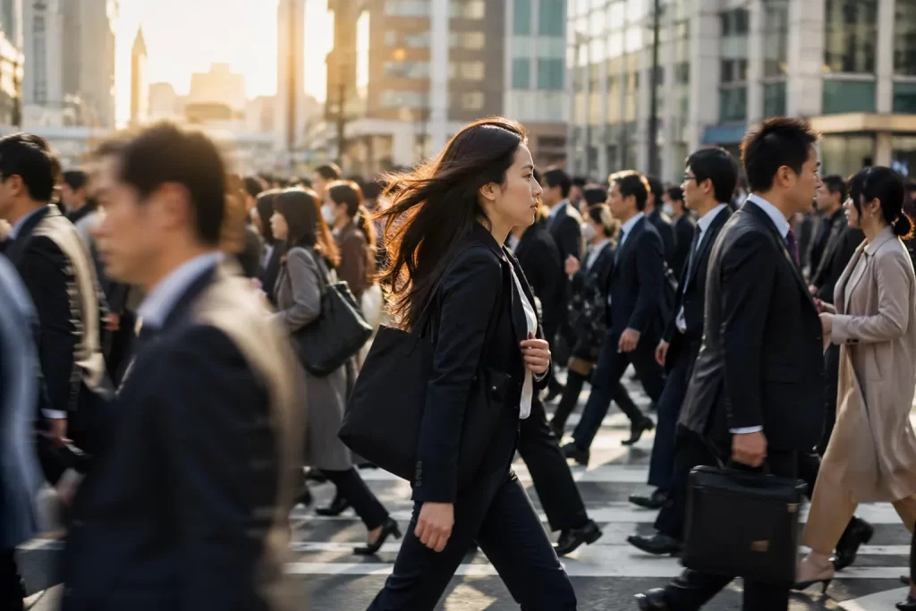 Een energiek stadsbeeld waarin mensen in beweging blijven, zelfs tijdens de drukte van de dag.