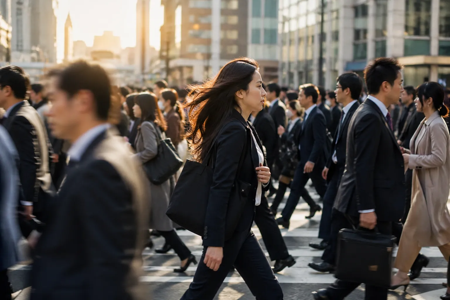 Een energiek stadsbeeld waarin mensen in beweging blijven, zelfs tijdens de drukte van de dag.